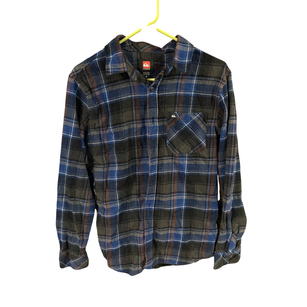 Quiksilver Mens Plaid Flannel Button Down Shirt Blue Grey Brown Long Sleeve S